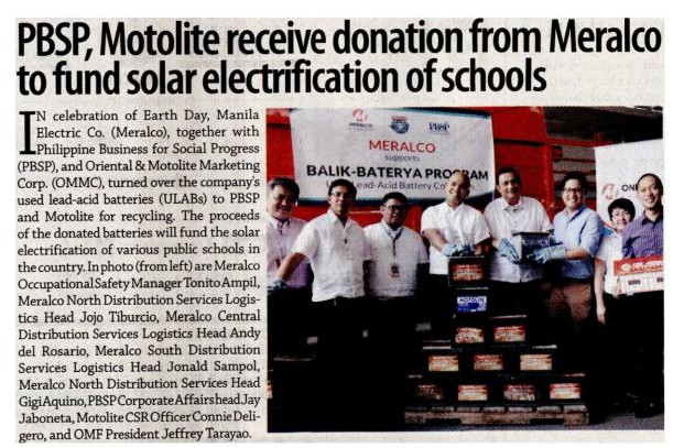 PBSP, Motolite receive donation from Meralco to fund solar electrification of schools