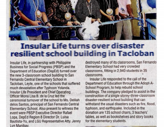 Insular Life turns over disaster resilient school building in Tacloban